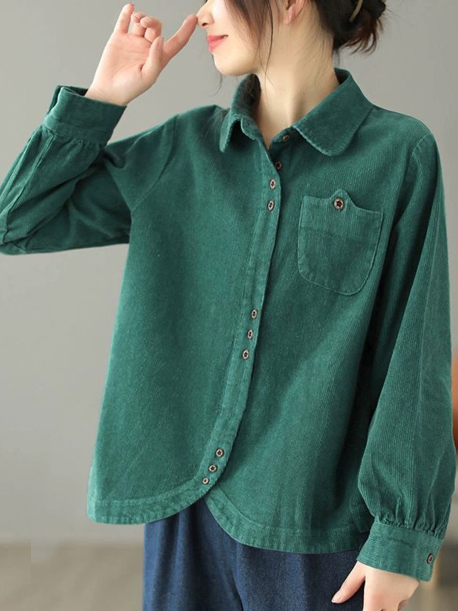 Plus Size Women Autumn Pure Color Turn-down Collar Corduroy Shirt