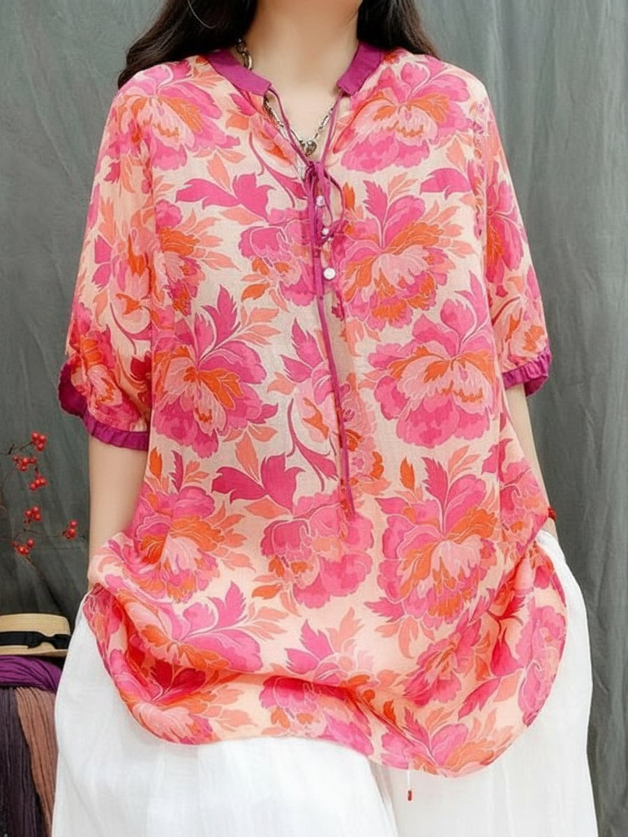 Women Summer Vintage Floral Ramie Loose V-Neck Blouse