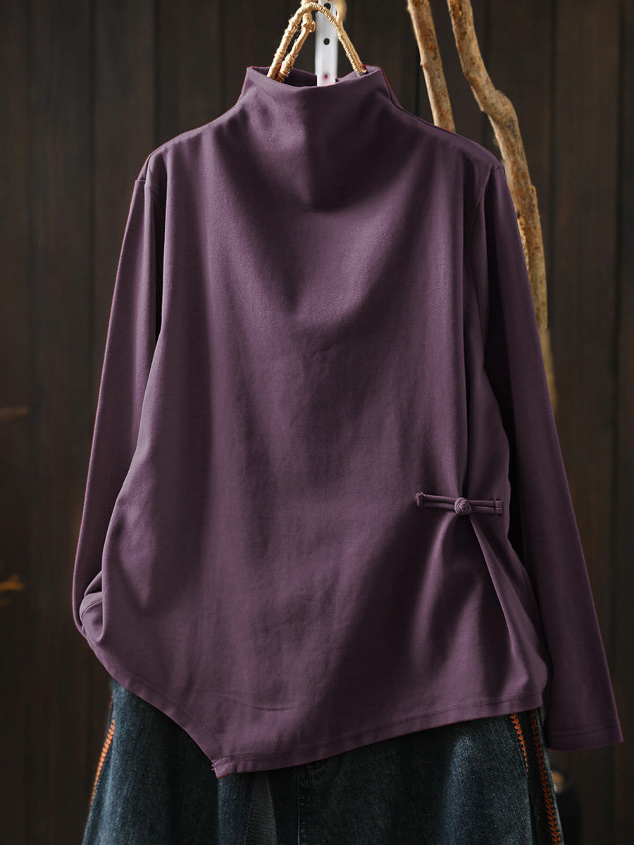 Plus Size Women Autumn Frog Button Mock Neck Long-Sleeve Tee – Versatile Autumn Base Layer