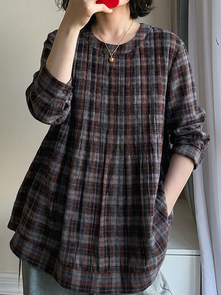 Plus Size Women Summer Vintage Short Sleeve Cotton Plaid Blouse