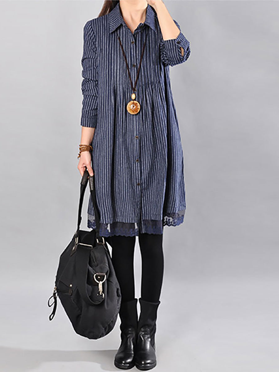 Plus Size Loose Cotton Linen Stripe Lace Hem Shirt Dress