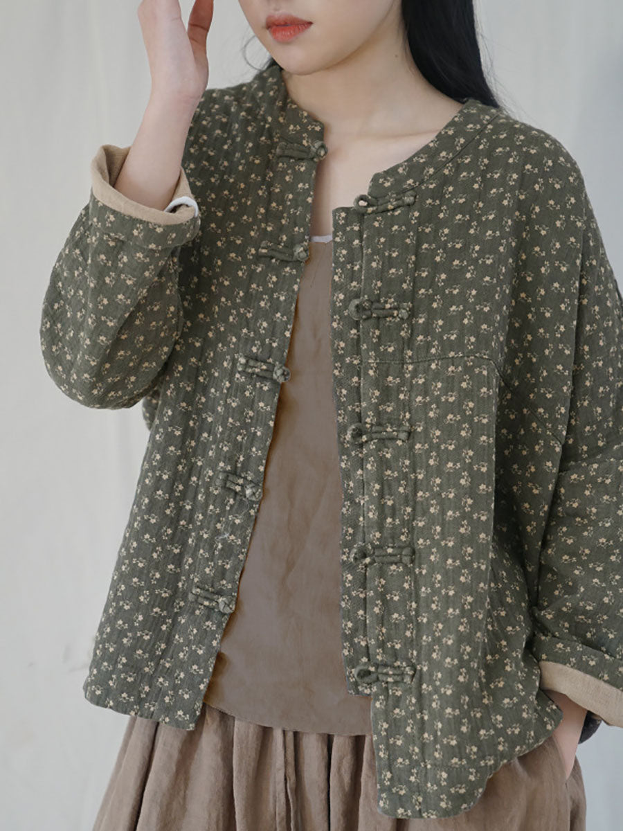 Plus Size Women Ethnic Autumn Floral Button-up Cotton Coat