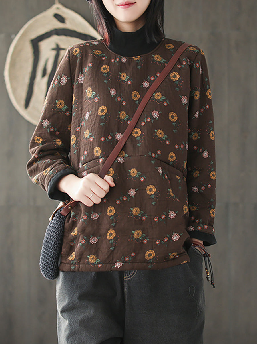 Plus Size Vintage Flower Half-high Collar Spliced Cotton Blouse