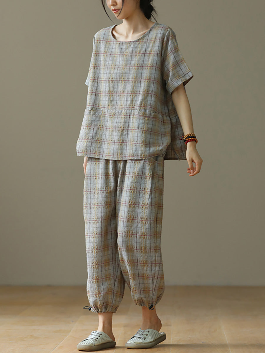 Plus Size Linen Plaid Drawstring Two Pieces Sets M-4XL