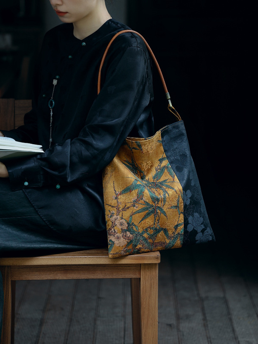 Retro Artsy Turmeric Flower Gambiered Gauze Shoulder Bag
