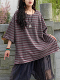 Plus Size Women Casual Summer Stripe Cotton Blouse