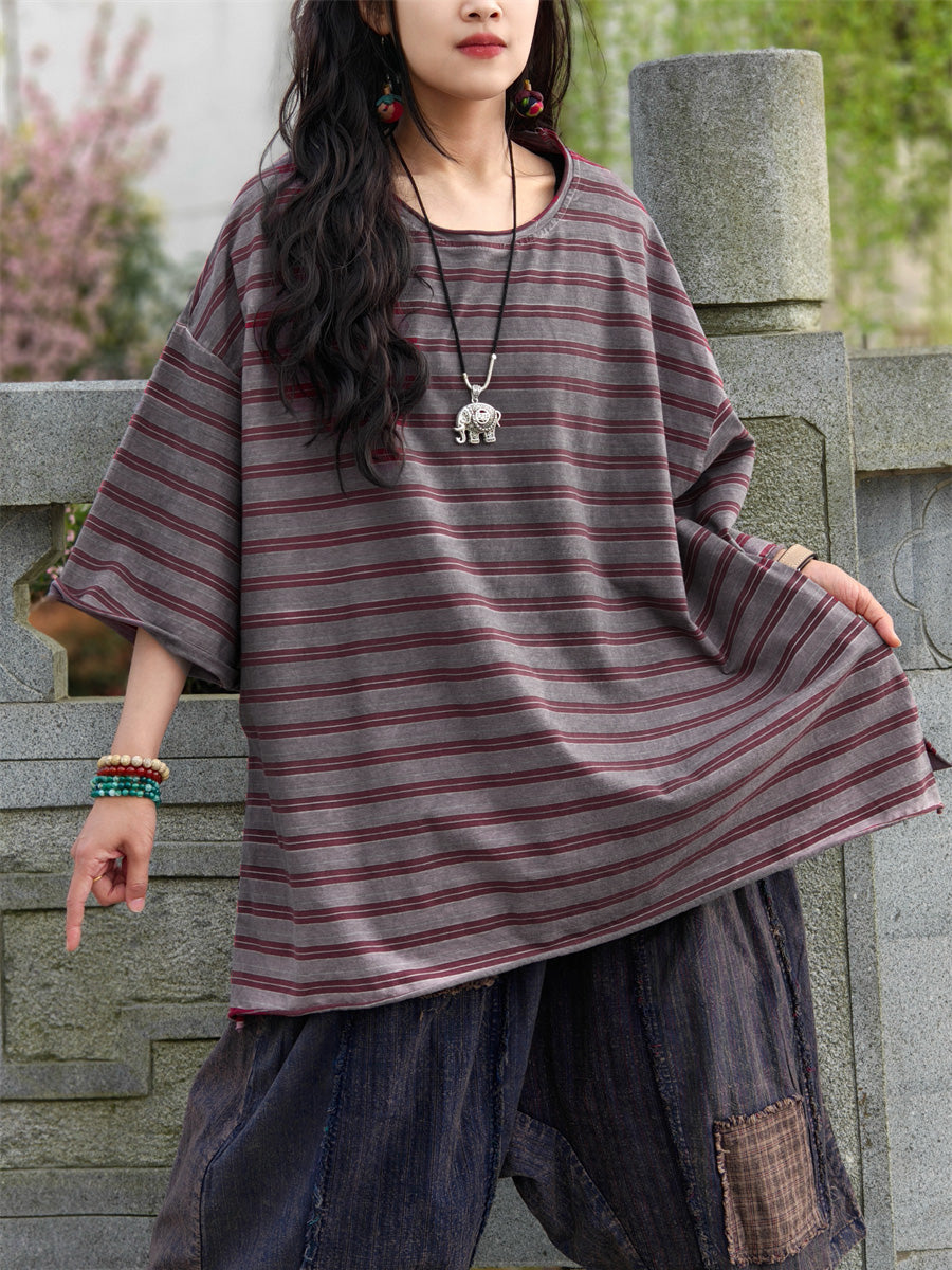 Plus Size Women Casual Summer Stripe Cotton Blouse