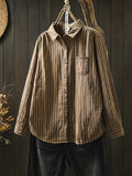 Plus Size Women Stripe Turn-down Collar 100%Cotton Long Sleeve Shirt