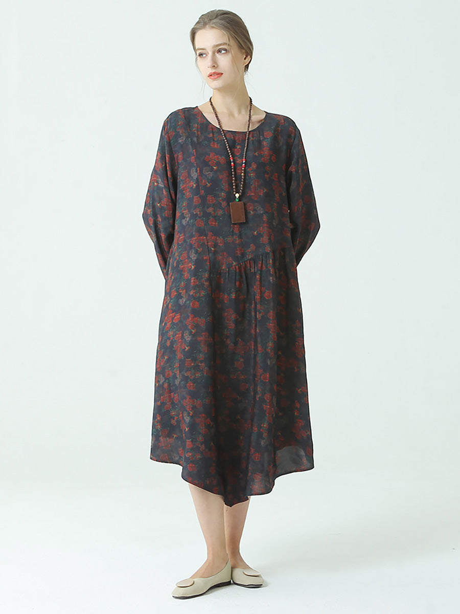 Plus Size Pleated Floral Prints Autumn O Neck Loose Dress