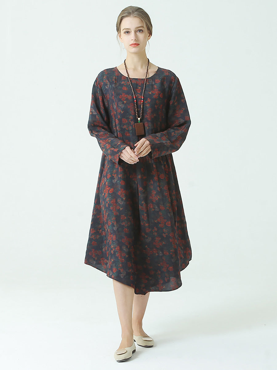 Plus Size Pleated Floral Prints Autumn O Neck Loose Dress