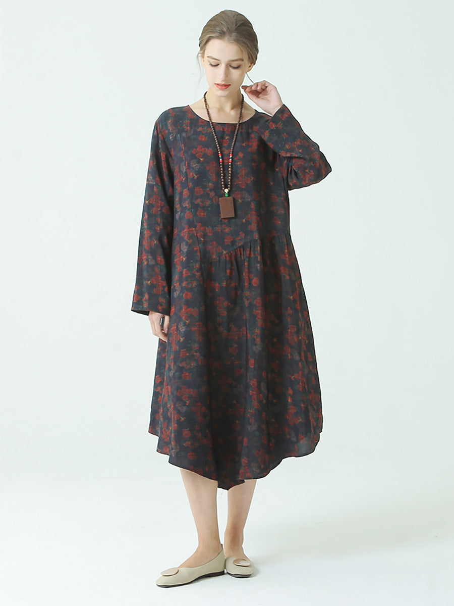 Plus Size Pleated Floral Prints Autumn O Neck Loose Dress