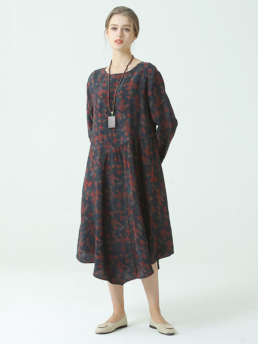 Plus Size Pleated Floral Prints Autumn O Neck Loose Dress