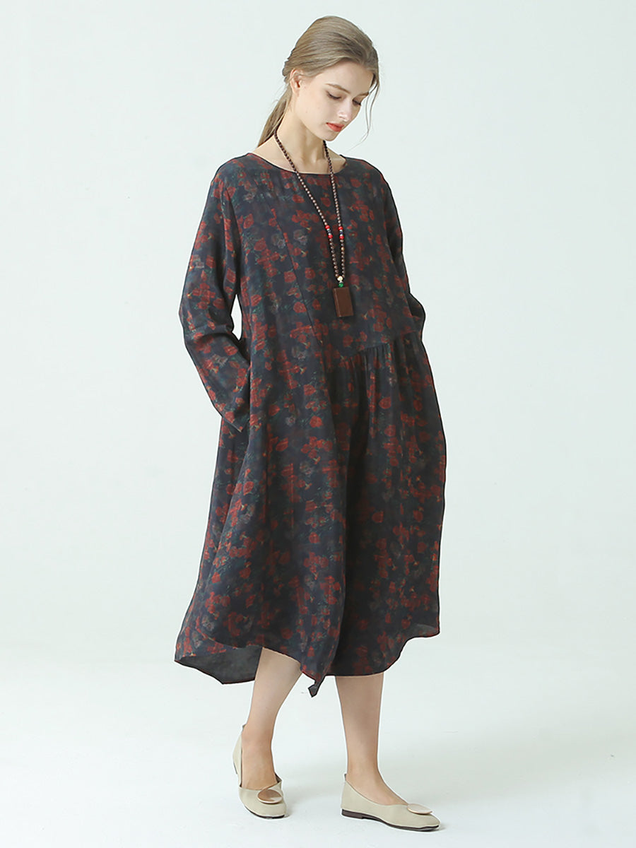 Plus Size Pleated Floral Prints Autumn O Neck Loose Dress