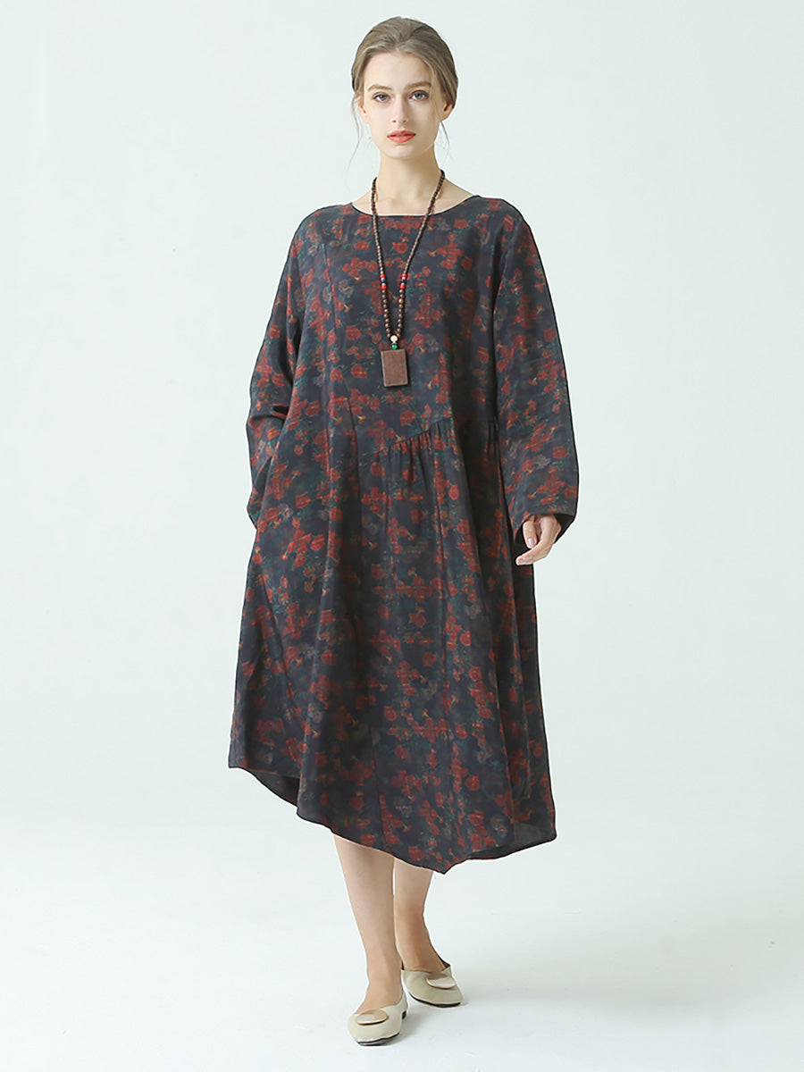 Plus Size Pleated Floral Prints Autumn O Neck Loose Dress