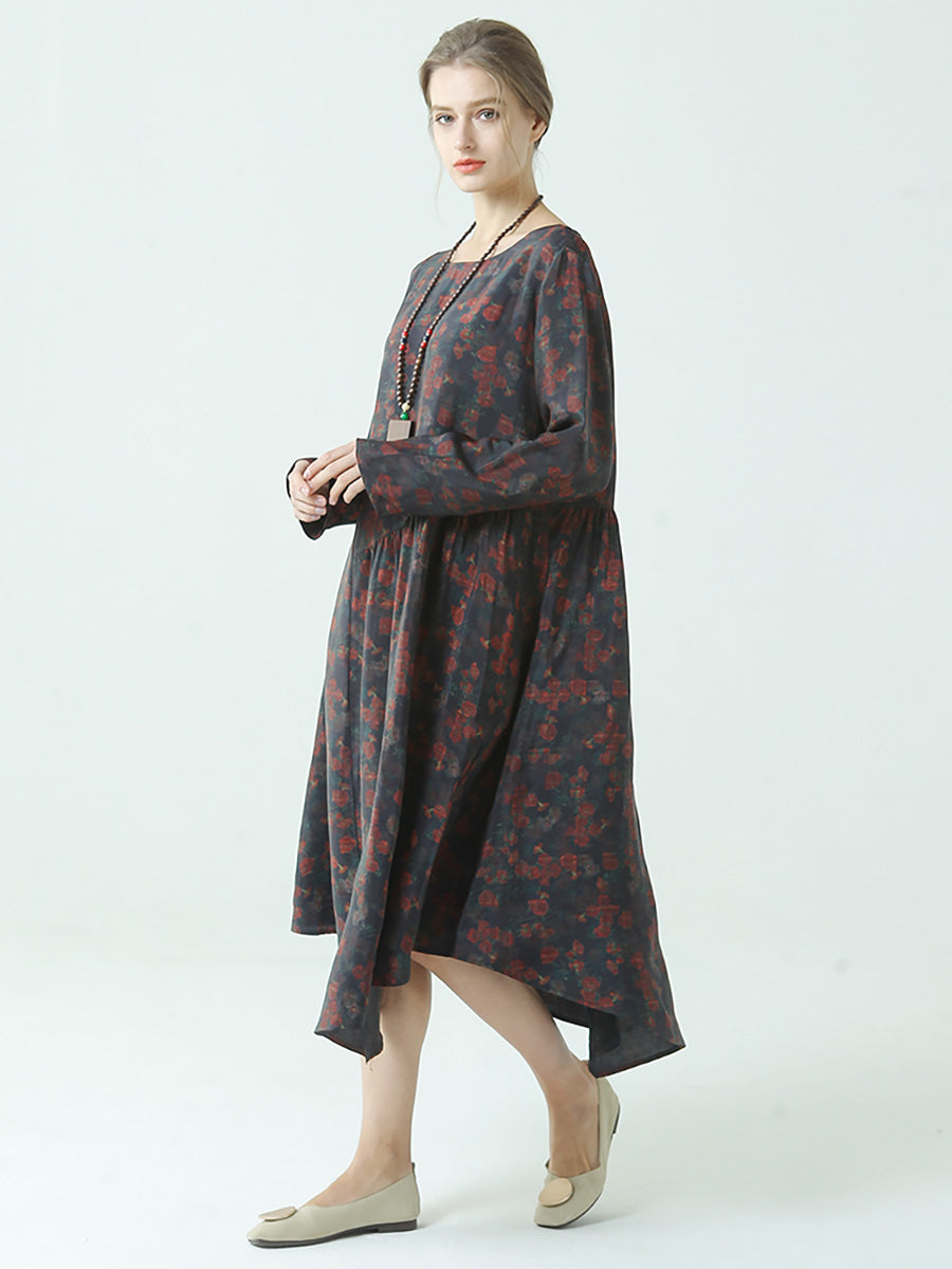 Plus Size Pleated Floral Prints Autumn O Neck Loose Dress