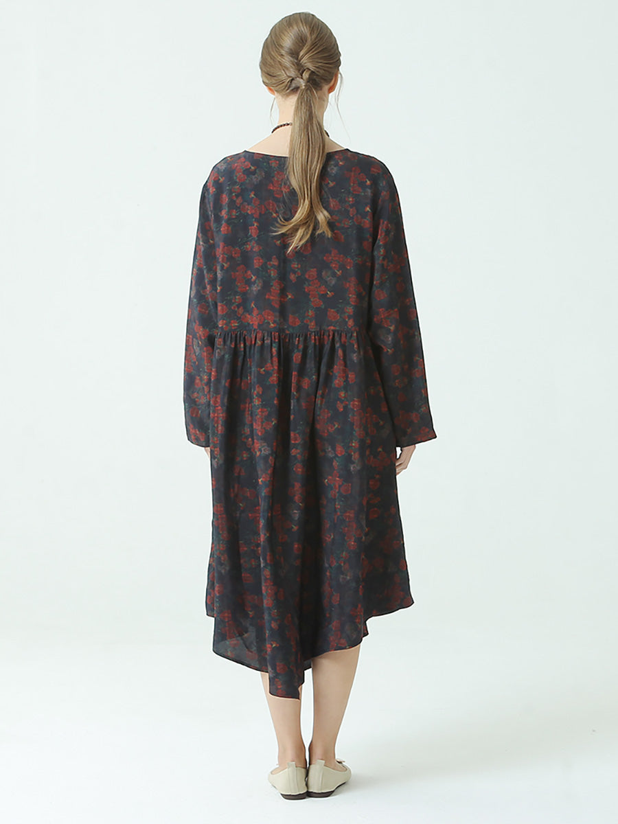 Plus Size Pleated Floral Prints Autumn O Neck Loose Dress