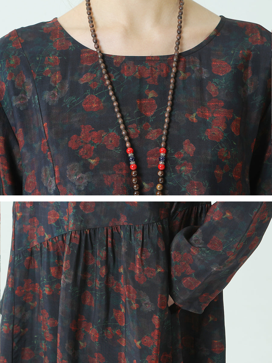 Plus Size Pleated Floral Prints Autumn O Neck Loose Dress