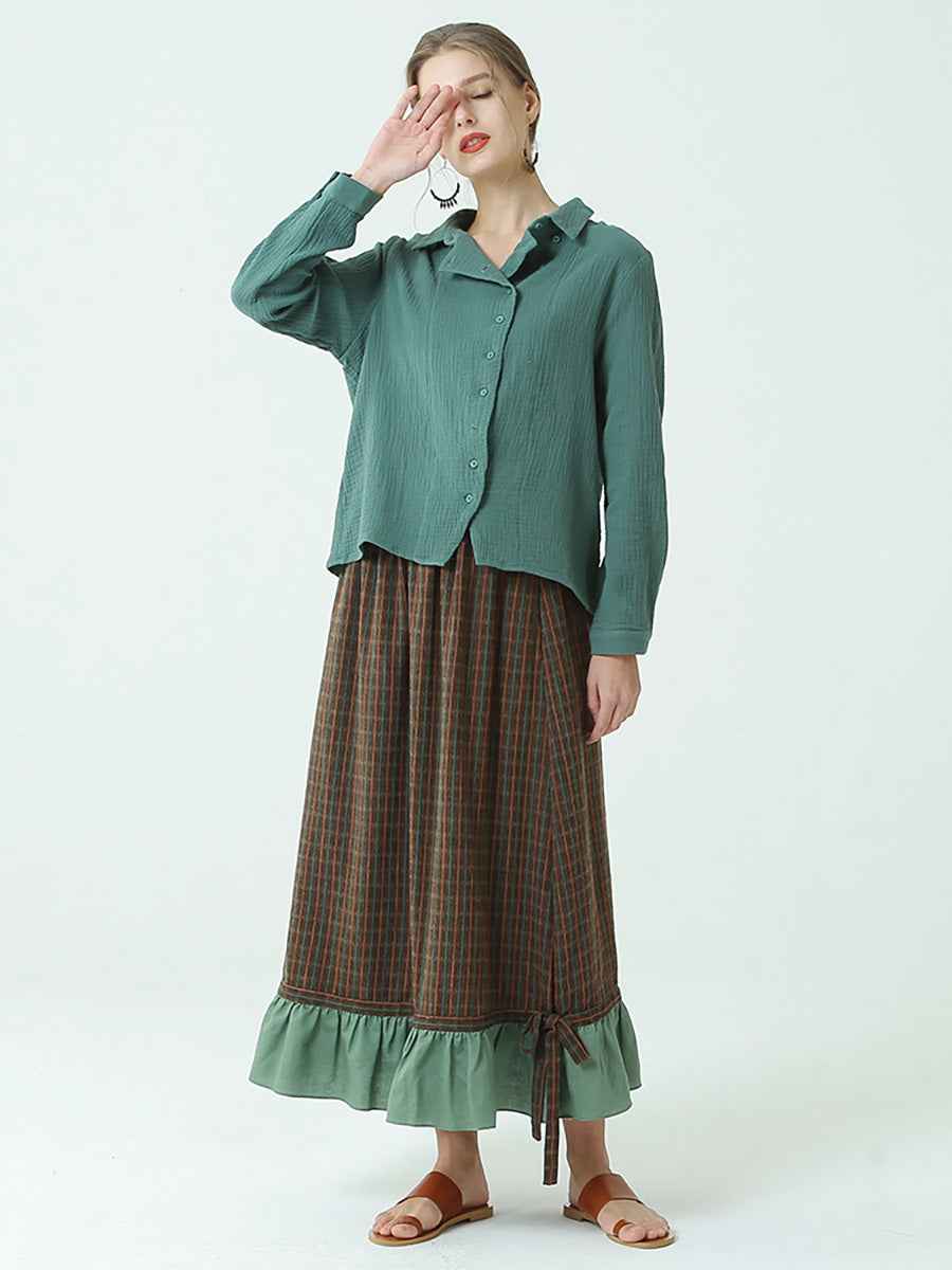 Plus Size Spring Elastic Waist Plaid Loose Vintage Long Skirt