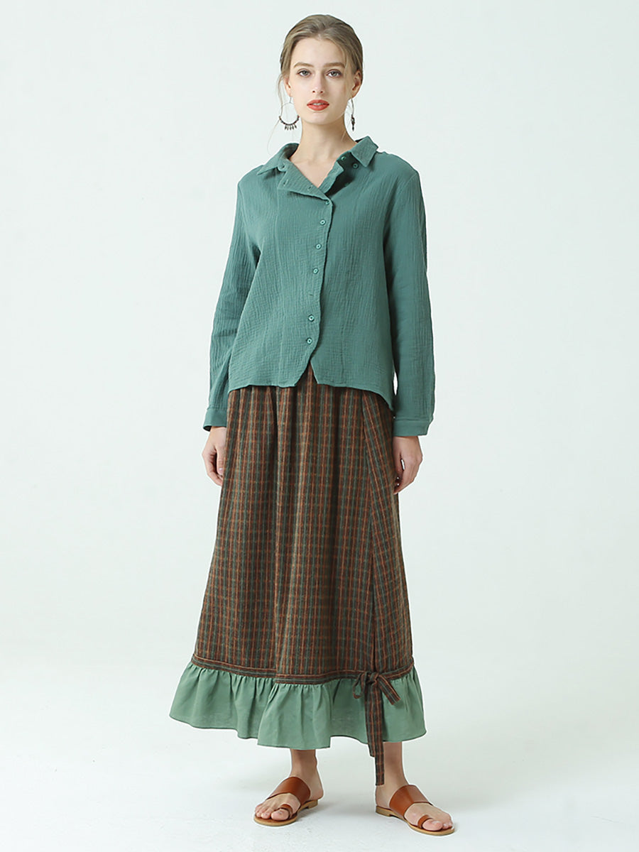 Plus Size Spring Elastic Waist Plaid Loose Vintage Long Skirt