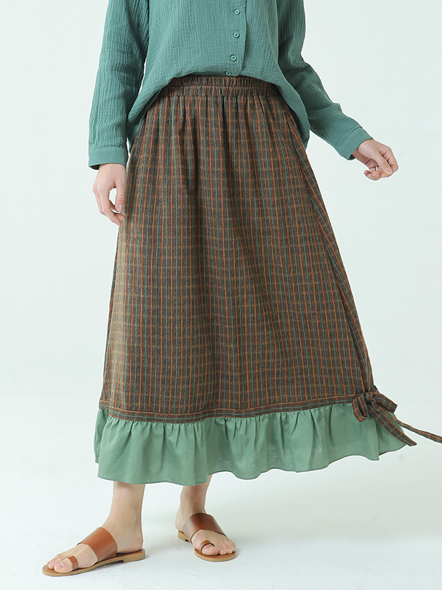 Plus Size Spring Elastic Waist Plaid Loose Vintage Long Skirt