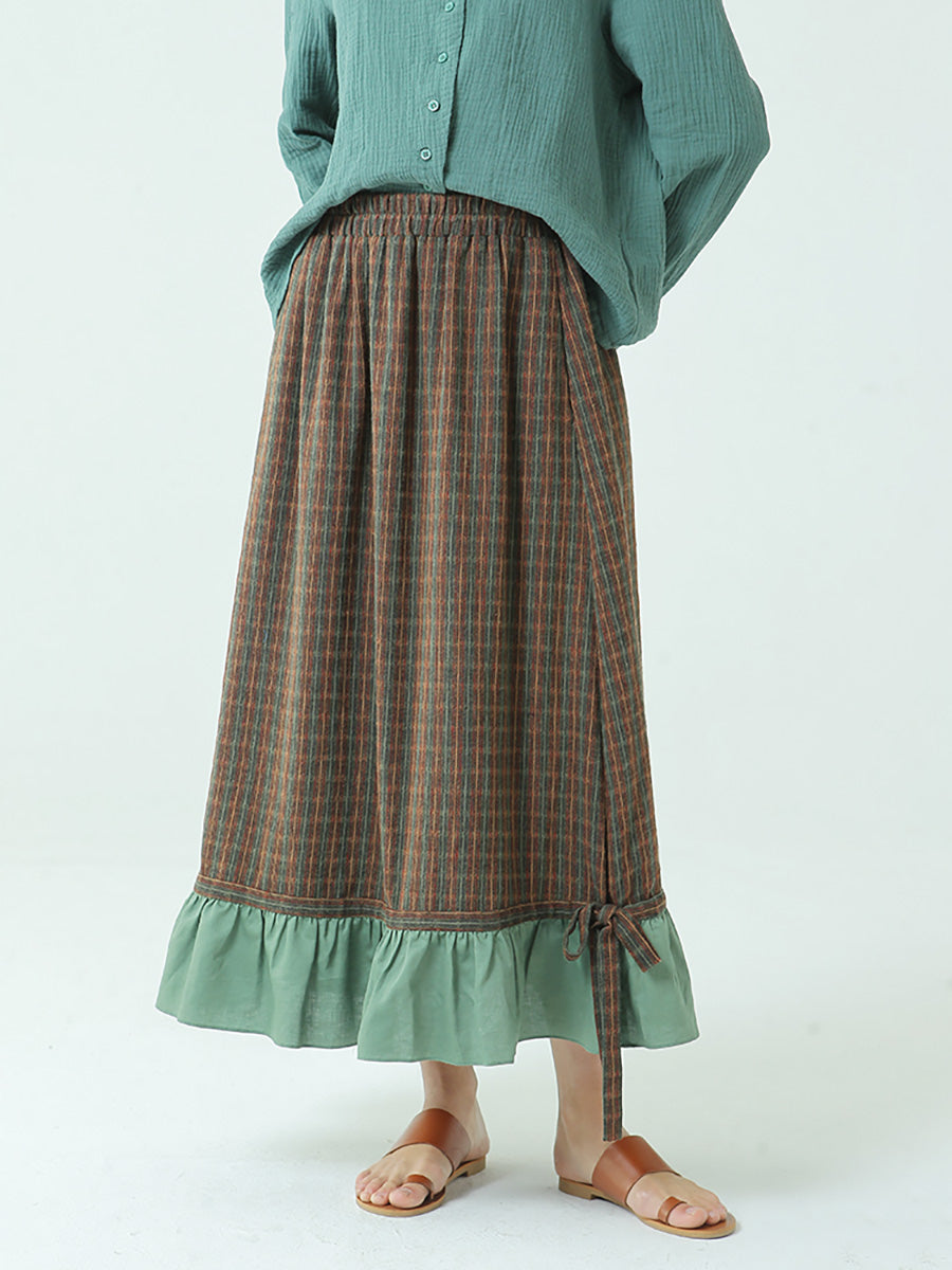 Plus Size Spring Elastic Waist Plaid Loose Vintage Long Skirt