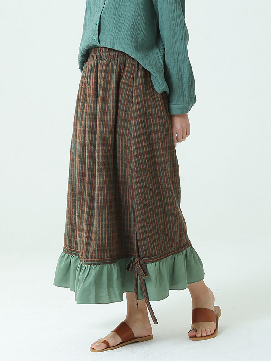 Plus Size Spring Elastic Waist Plaid Loose Vintage Long Skirt