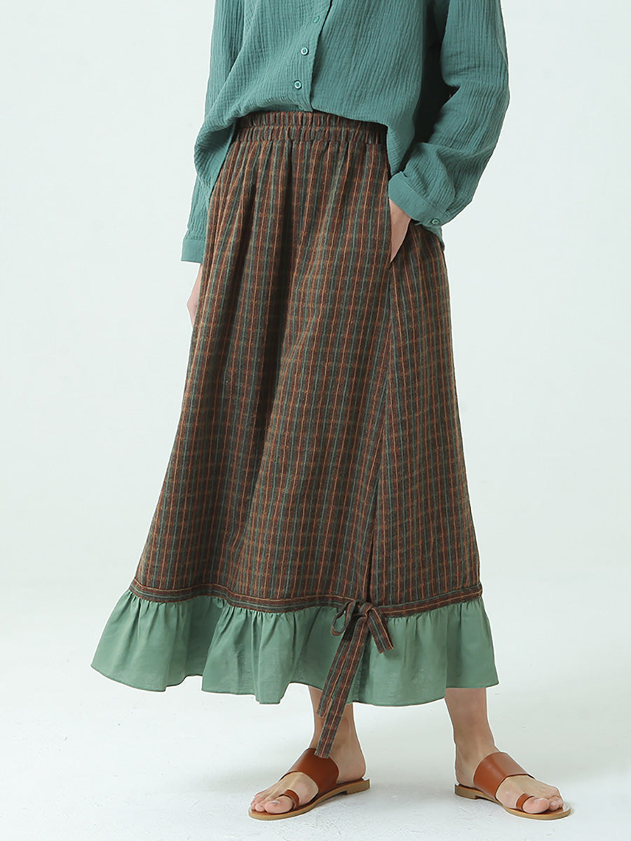 Plus Size Spring Elastic Waist Plaid Loose Vintage Long Skirt