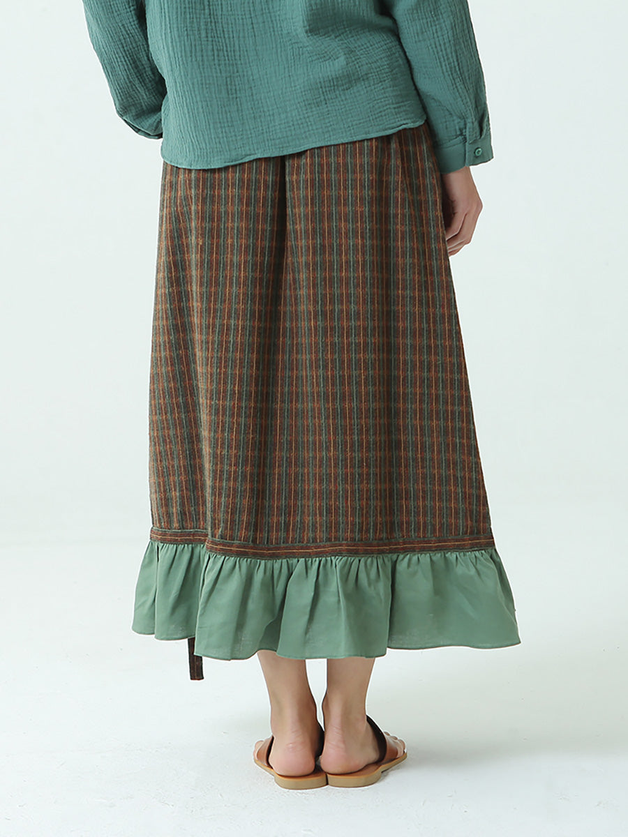 Plus Size Spring Elastic Waist Plaid Loose Vintage Long Skirt