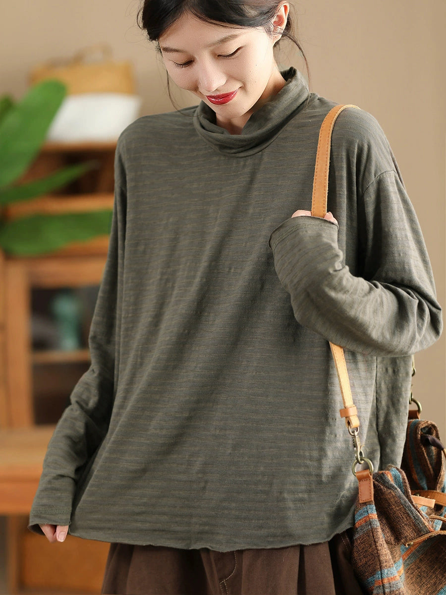 Plus Size Women Autumn Casual Stripe Turtleneck Cotton Blouse