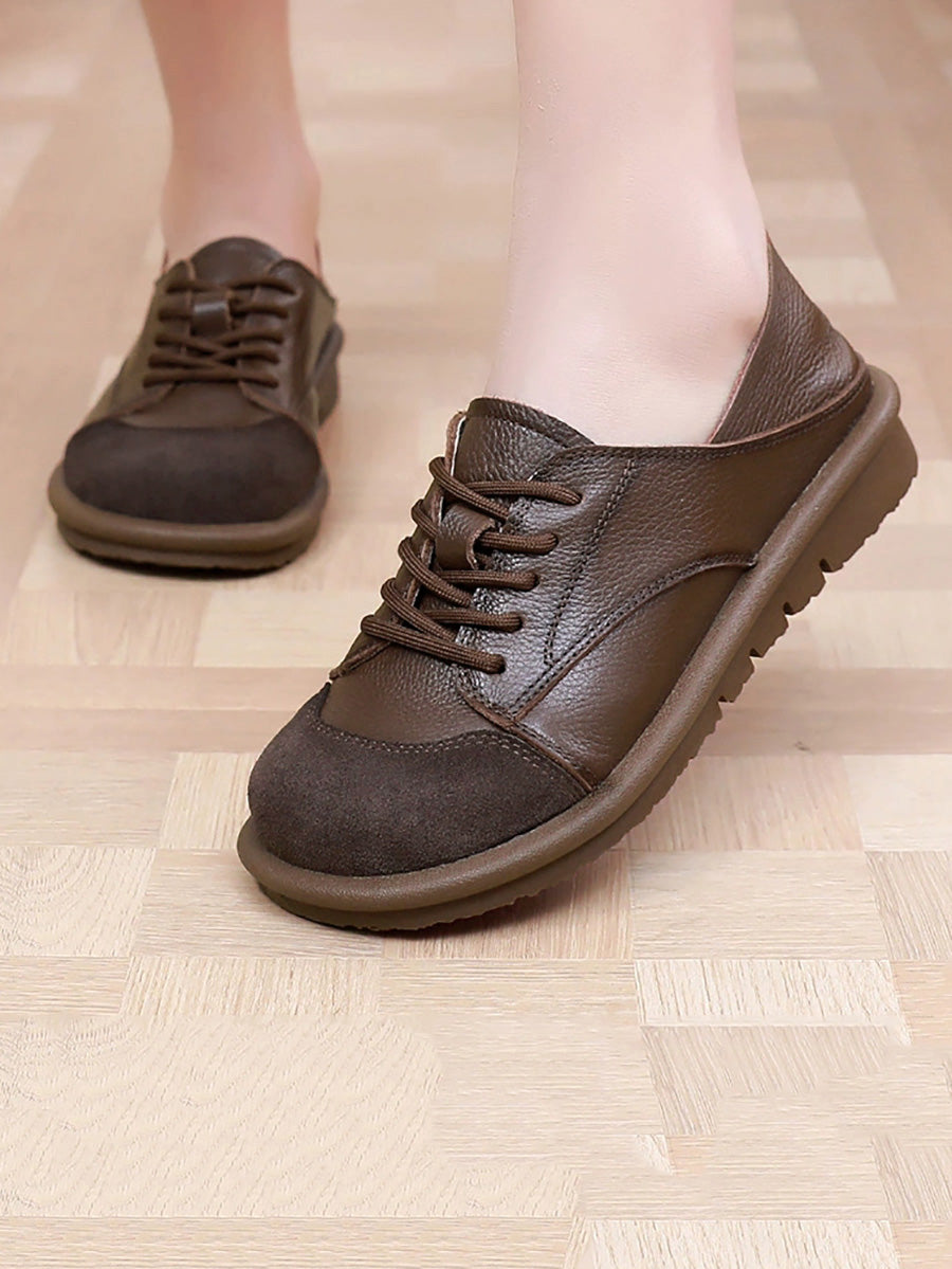 Women Vintage Leather Spliced Strap Flat Shoes