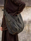Vintage Leather Spliced Cotton Linen Crossbody Bag