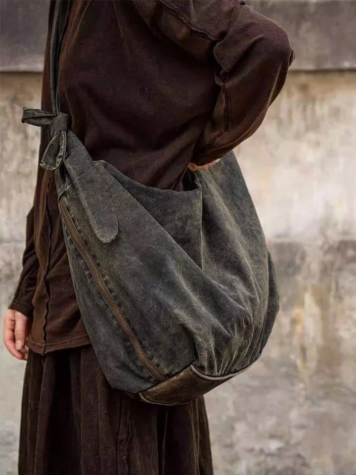 Vintage Leather Spliced Cotton Linen Crossbody Bag