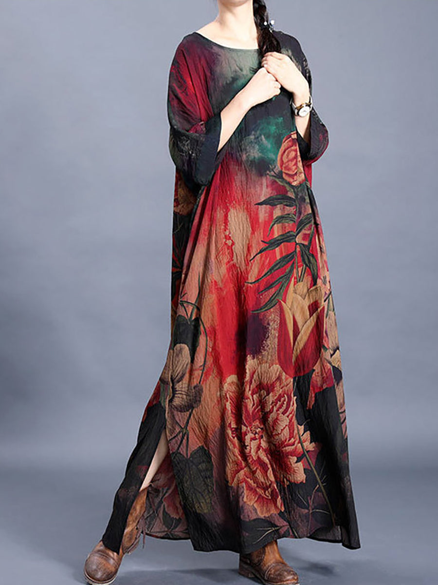 Plus Size Women Casual Retro Floral Maxi Dress