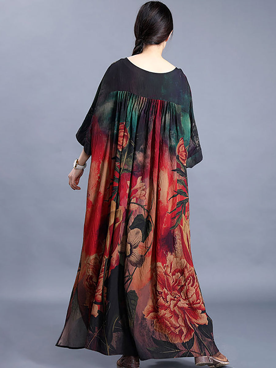 Plus Size Women Casual Retro Floral Maxi Dress