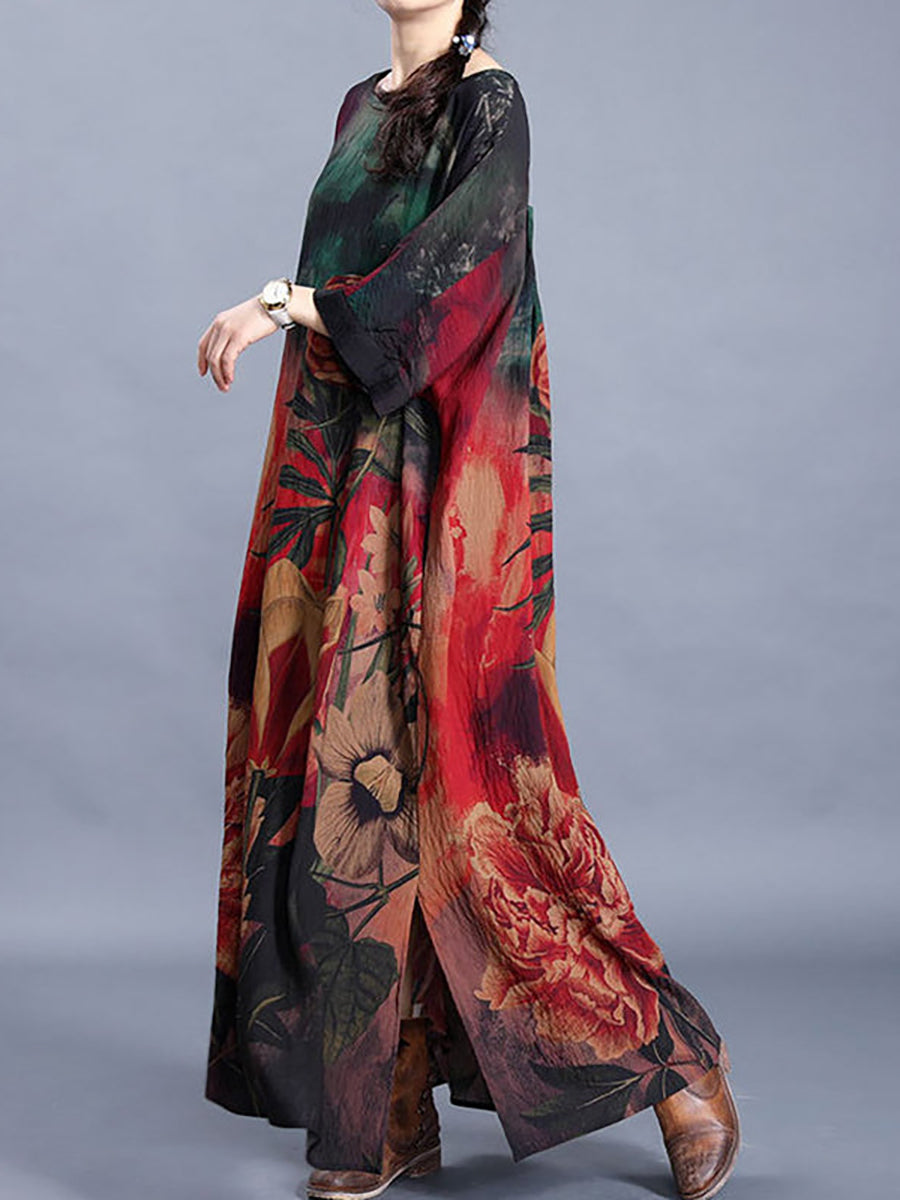 Plus Size Women Casual Retro Floral Maxi Dress