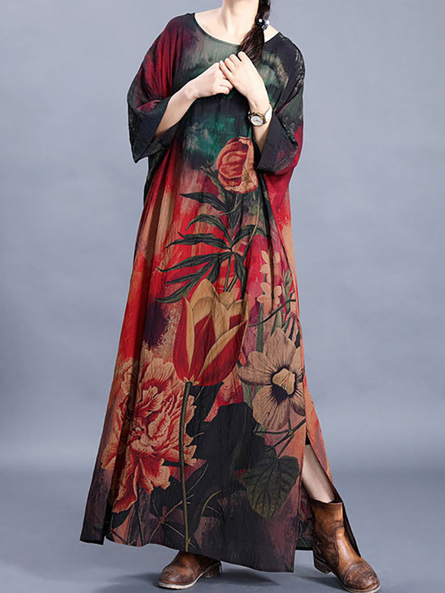 Plus Size Women Casual Retro Floral Maxi Dress