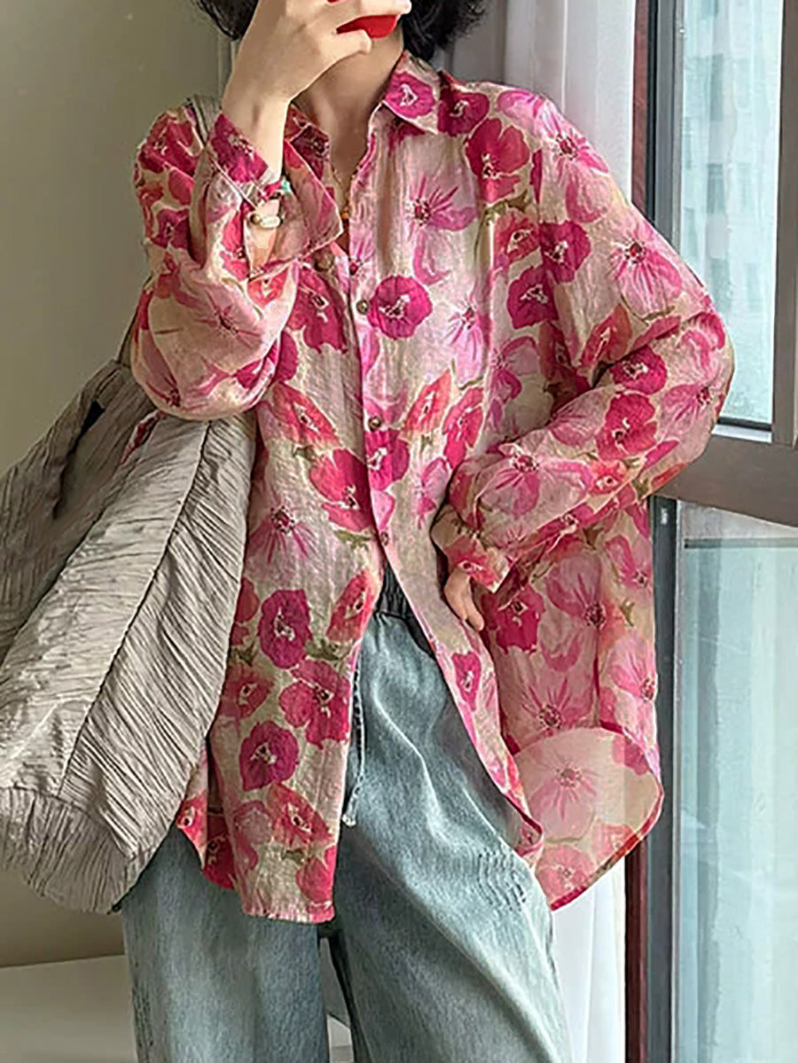 Plus Size Women Summer Artsy Flower Turn-down Collar Shirt