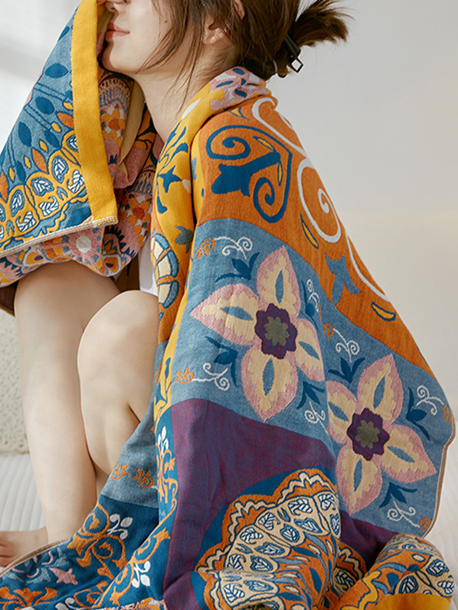 Floral Motif Cotton Gauze Bath Towel