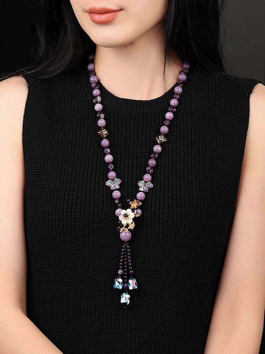 Women Vintage Purple Bead Flower Tassel Long Necklace