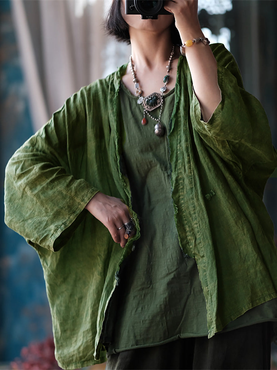 Women Summer Retro Worn Raw-edge Ramie Shirt Coat
