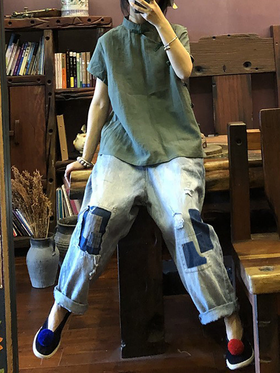Women Vintage Patch Spliced Denim Loose Harem Pants
