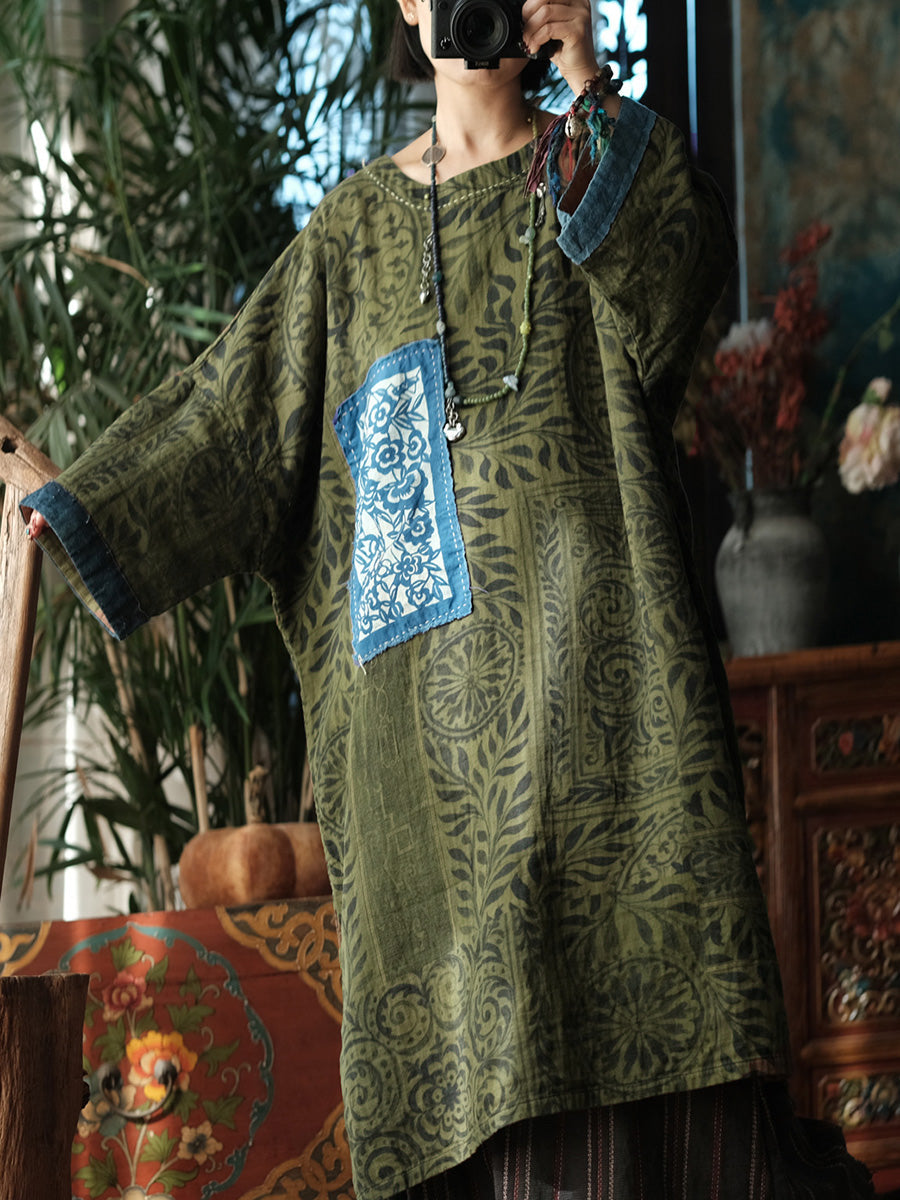 Women Vintage Patchwork Leaf O-Neck Dress