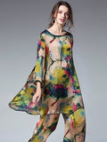 Plus Size Loose Floral Shirt And Wide Leg Pants