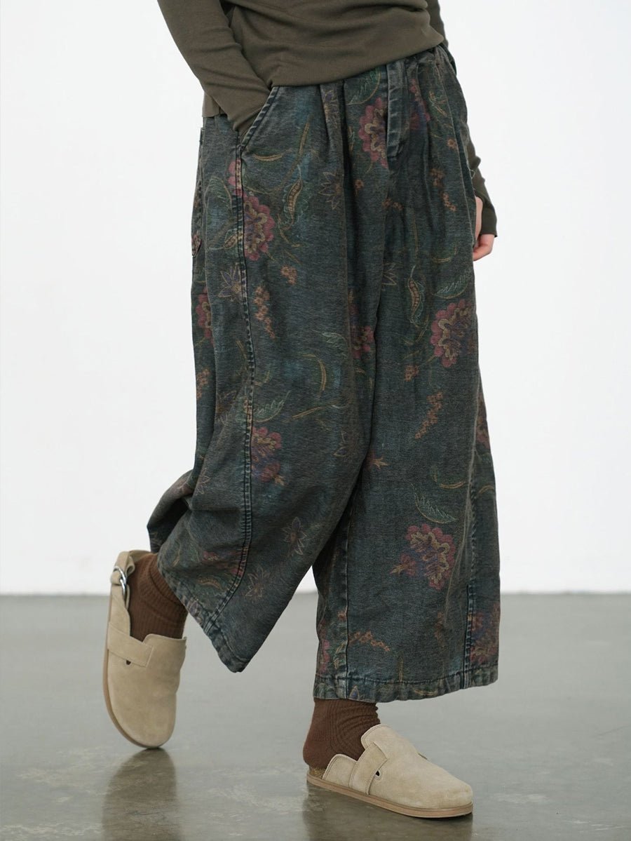 Plus Size Women Winter Retro Flower Denim Spliced Wide-leg Pants
