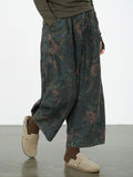 Plus Size Women Winter Retro Flower Denim Spliced Wide-leg Pants