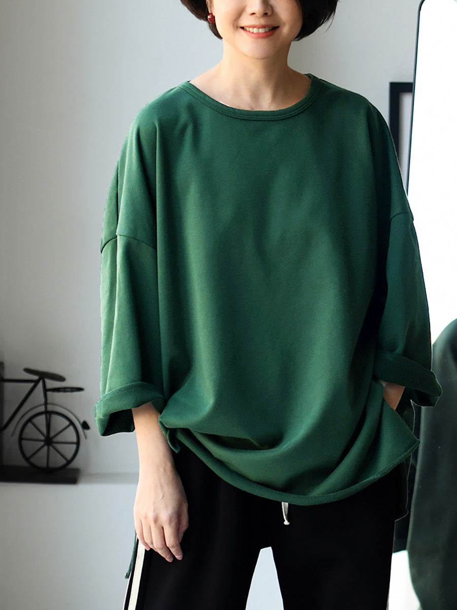 Plus Size Women Spring Casual Pure Color O-Neck Cotton Blouse
