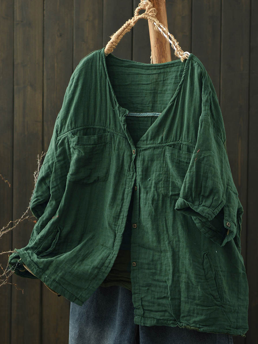Plus Size Women Summer Worn Pure Color V-Neck Cotton Shirt