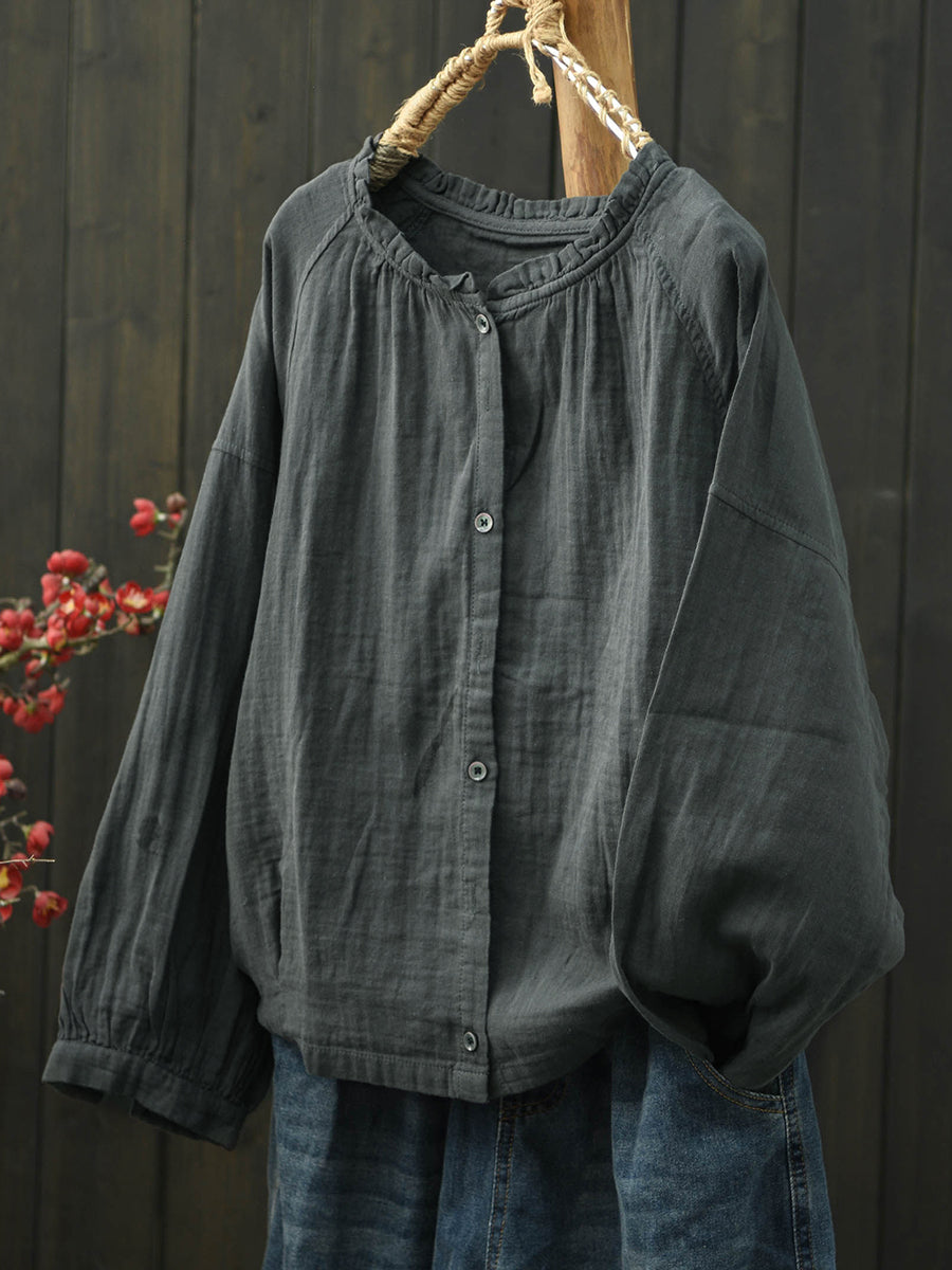 Women Spring Artsy Pure Color Stand Collar Cotton Shirt