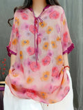 Women Summer Vintage Floral Ramie Loose V-Neck Blouse