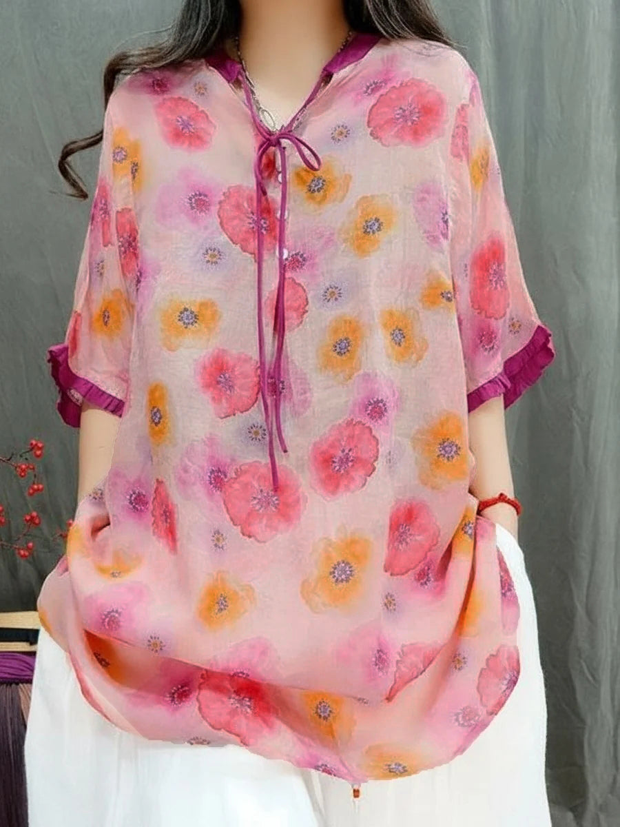 Women Summer Vintage Floral Ramie Loose V-Neck Blouse